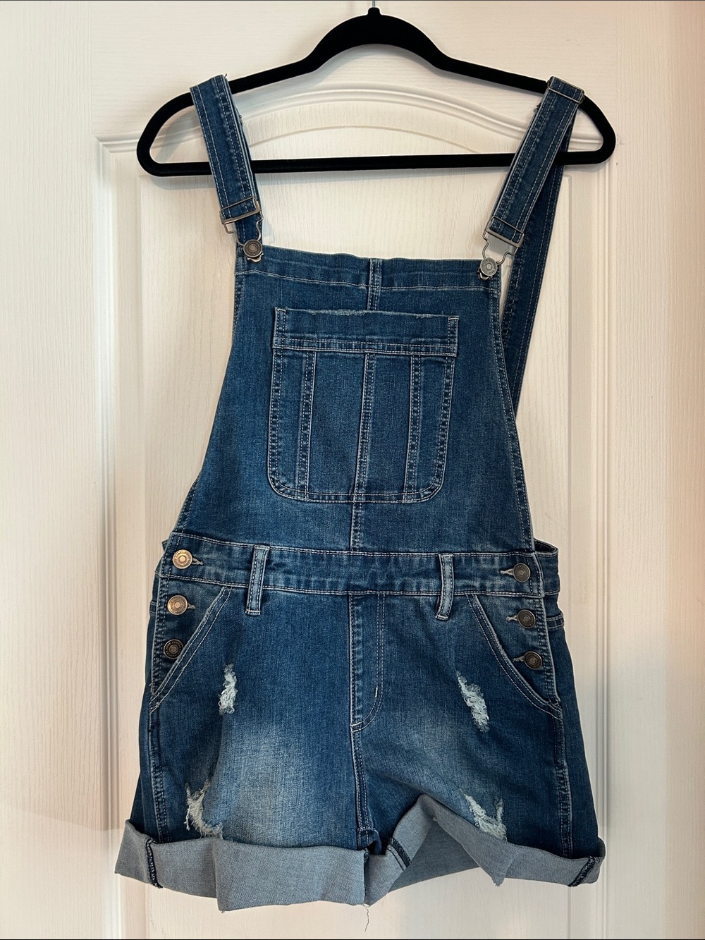KanCan Medium Blue Distressed Denim Short Overalls